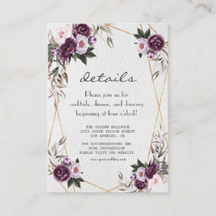 Purple Pink Peony Flowers Gold Wedding Details Enclosure Card
