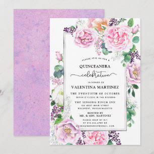Purple Pink Peony Rose Floral Quinceanera Invitation