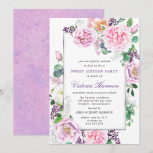 Purple Pink Peony Rose Floral Sweet 16 Party Invitation