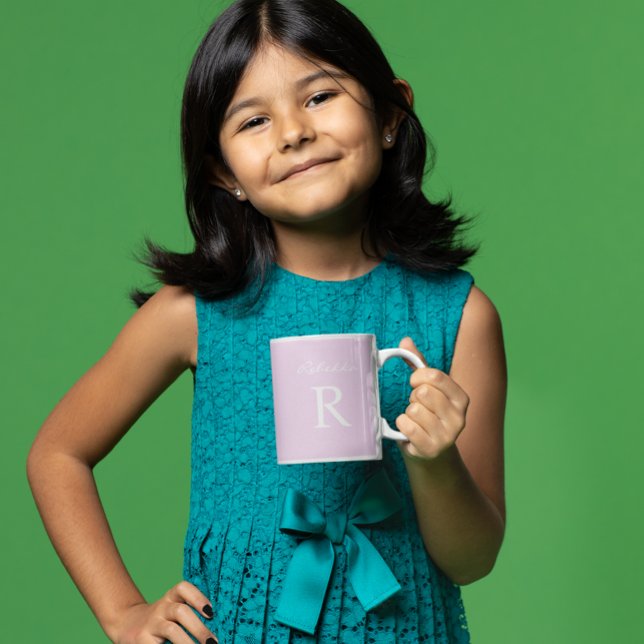 Purple Pink Personalise Minimalist Monogram Easter Coffee Mug (Cute pastel Happy Easter Mug with personalized Monogram on back.  White modern script. Pink purple.)