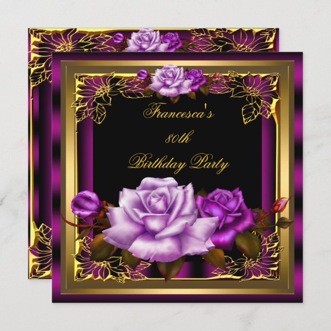 Purple Pink Plum Roses Gold Elegant Birthday 5 Invitation (Front/Back)