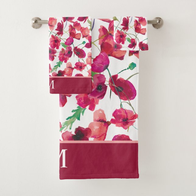 Purple Pink Poppies Galore Pattern Bath Towel Set (Insitu)