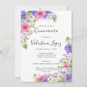 Purple Pink Pretty Tropical Quinceanera  Invitation