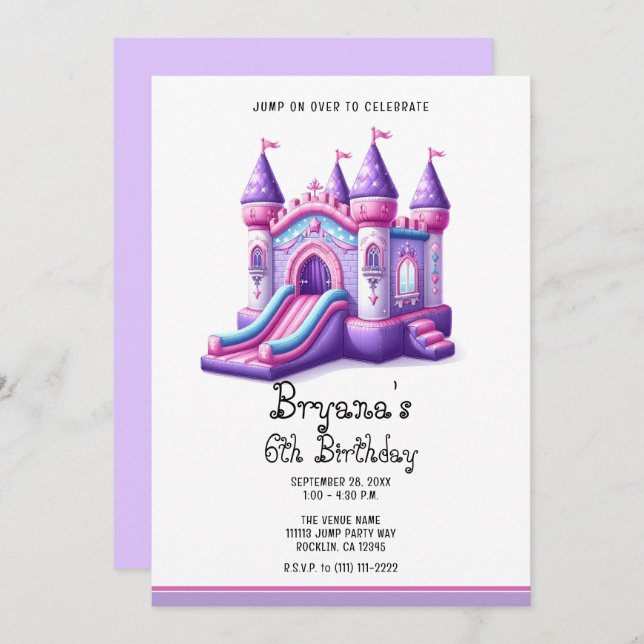 Purple Pink Princess Castle Bounce House Party Invitation (Front/Back)