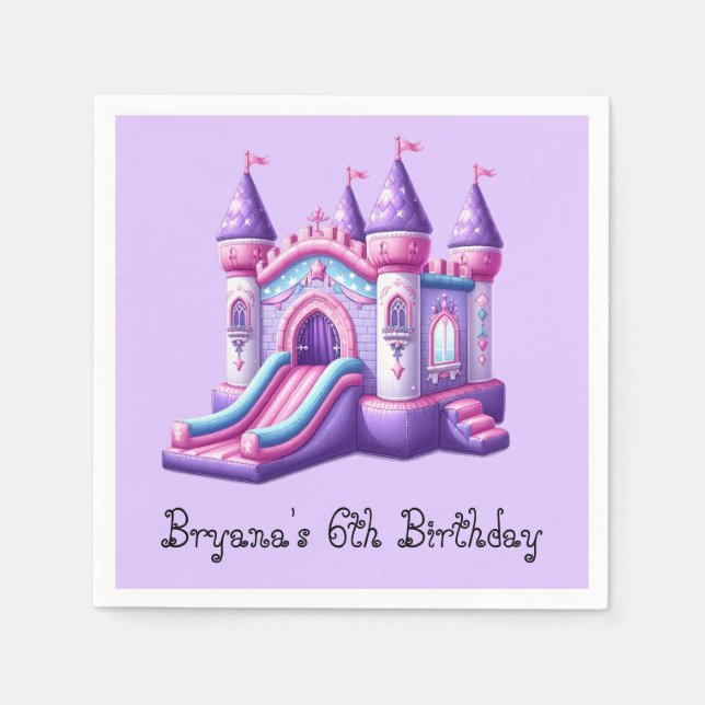 Purple Pink Princess Castle Bounce House Party Napkin (Front)
