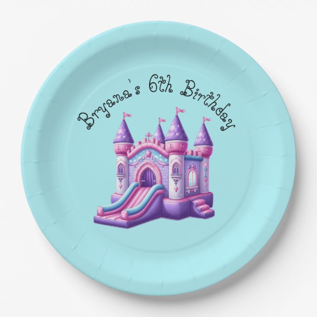 Purple Pink Princess Castle Bounce House Party Paper Plate (Front)