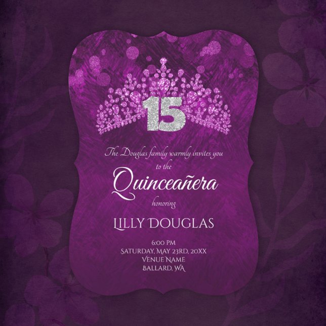 Purple, Pink Quinceanera with Tiara Invitation (violet purple pink quinceanera invitation with silver glitter 15 and pink tiara, gemstone crown)