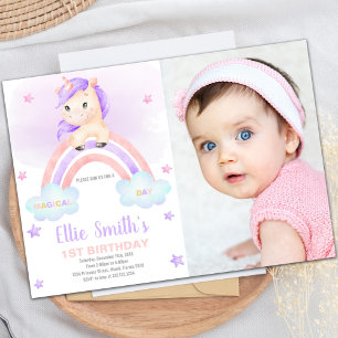 Purple Pink Rainbow Unicorn Invitations with photo