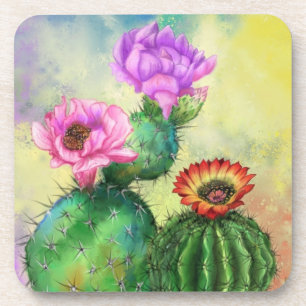 Purple Pink Red Cactus Flowers Coaster Painting