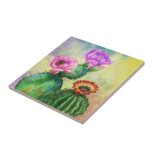 Purple Pink Red Cactus Flowers Migned Painting Art Ceramic Tile