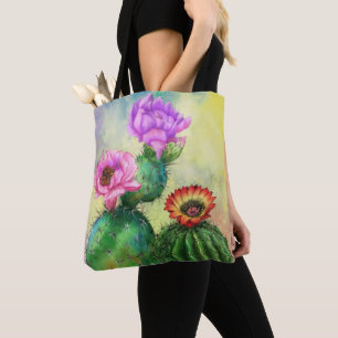 Purple Pink Red Cactus Flowers Migned Painting Art Tote Bag