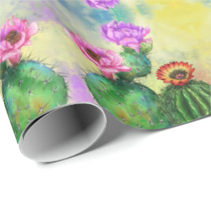 Purple Pink Red Cactus Flowers Migned Painting Wrapping Paper