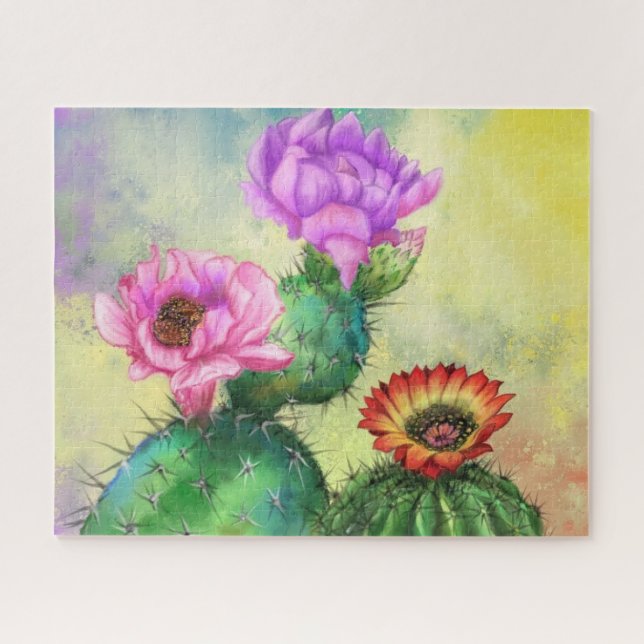 Purple Pink Red Cactus Flowers Puzzle Painting (Horizontal)