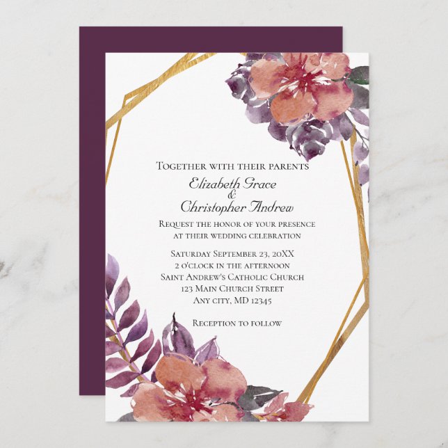 Purple Pink Red Flora Watercolor Gold Wedding Invitation (Front/Back)