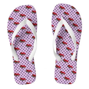 Purple pink red flower and black polka dots thongs