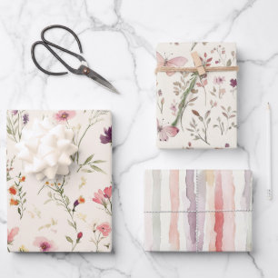 Purple Pink Red Flowers Butterflies Bridal Shower Wrapping Paper Sheet