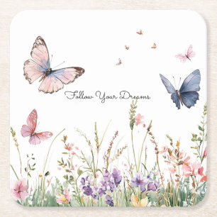 Purple Pink Red Flowers Butterflies Square Paper Coaster