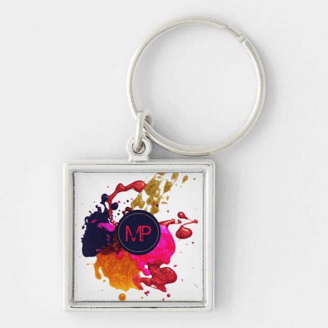 Purple Pink Red Gold Paint Splatter Monogram Key Ring (Front)