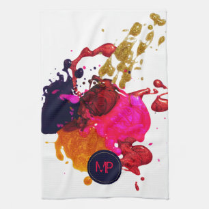 Purple Pink Red Gold Paint Splatter Monogram Tea Towel