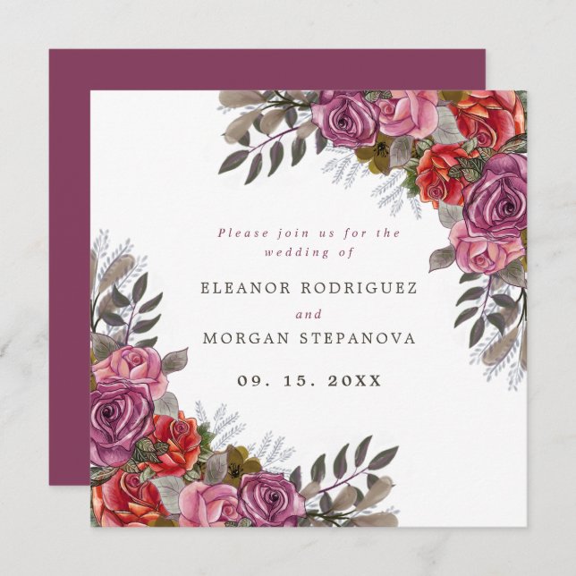 Purple pink red rose bouquet wedding invitation (Front/Back)