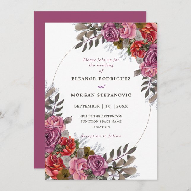 Purple pink red rose wedding invitation (Front/Back)