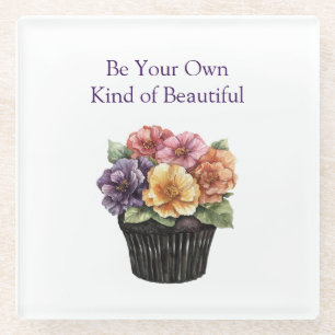 Purple Pink Red Yellow Orange Floral Cupcake Glass Coaster