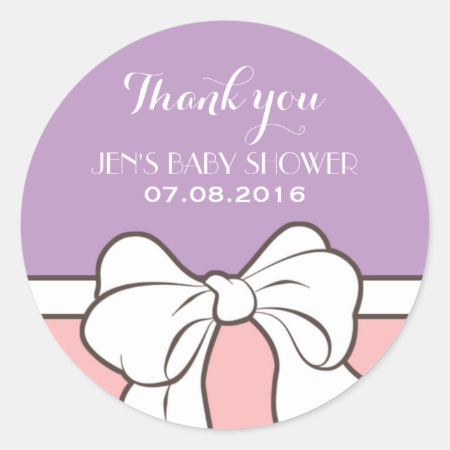 Purple Pink Ribbon Baby Shower Thank You Sticker (Front)
