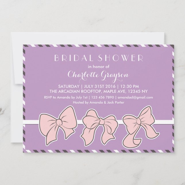 Purple Pink Ribbons Bows Bridal Shower Invitation (Front)