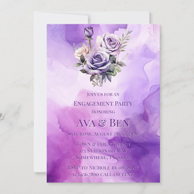 Purple Pink Rose Alcohol Garden Engagement Party Invitation (Front)
