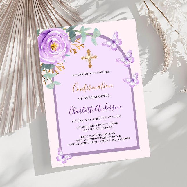 Purple pink rose butterflies arch Confirmation Invitation (Creator Uploaded)