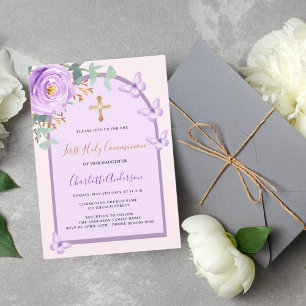 Purple pink rose butterflies arch First Communion Invitation