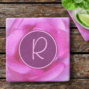 Purple pink rose flower monogram initial modern stone coaster
