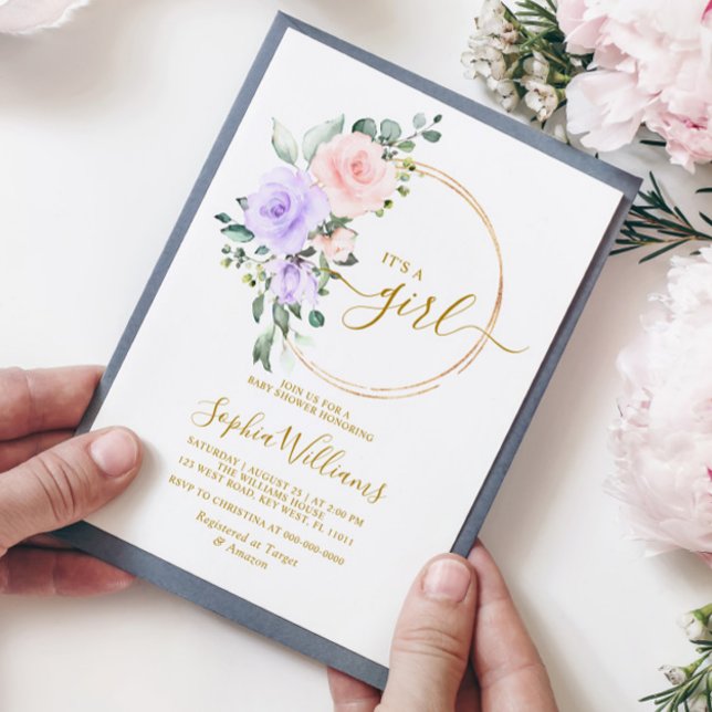 Purple Pink Rose & Gold Wreath Baby Shower Invitation (Creator Uploaded)