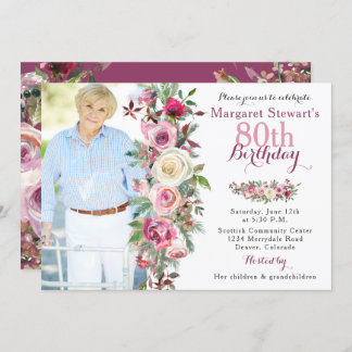 Purple Pink Rose Photo 80th Birthday Invitation