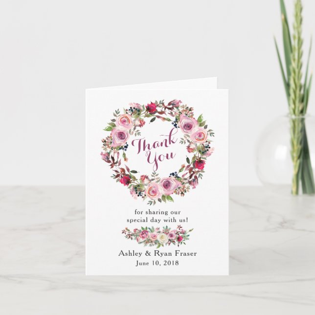 Purple Pink Rose Photo Wedding Thank You Card (Front)