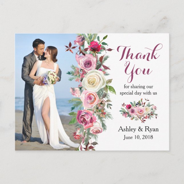 Purple Pink Rose Photo Wedding Thank You Postcard (Front)