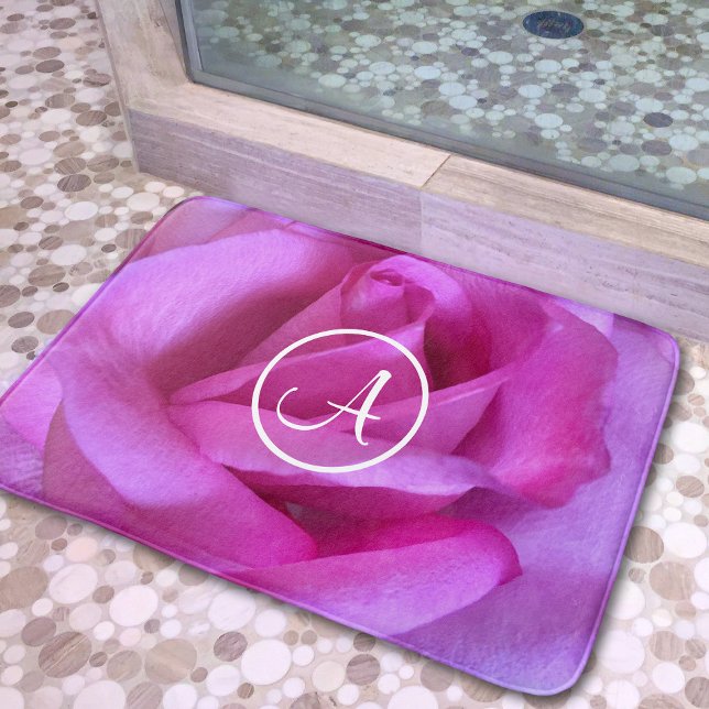 Purple pink rose photography custom monogram bold bath mat (Creator Uploaded)