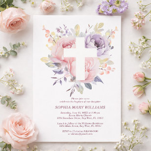Purple Pink Rose & White Cross Girl Baptism  Invitation