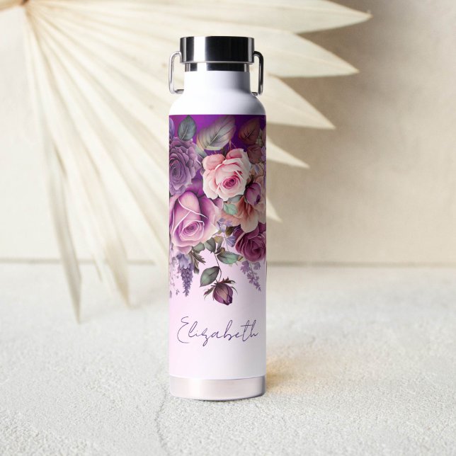 Purple pink roses elegant personalised  water bottle (Purple pink ombre floral personalized water bottle bridesmaid gifts for girls bridal party favors)