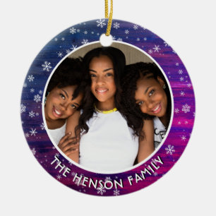 Purple Pink Rustic Wood Snowflake Christmas Photo Ceramic Ornament