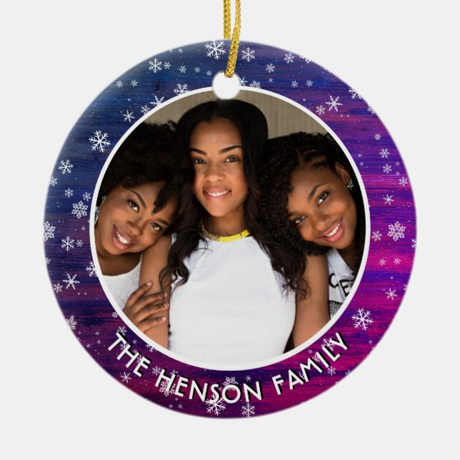 Purple Pink Rustic Wood Snowflake Christmas Photo Ceramic Ornament (Front)