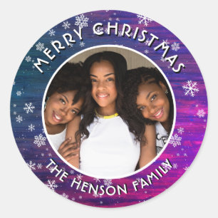 Purple Pink Rustic Wood Snowflake Christmas Photo Classic Round Sticker