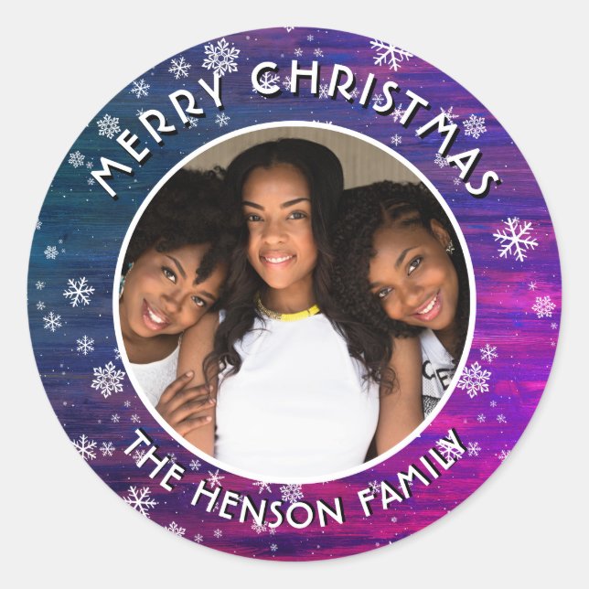 Purple Pink Rustic Wood Snowflake Christmas Photo Classic Round Sticker (Front)
