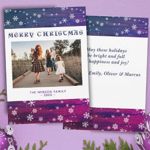 Purple Pink Rustic Wood Snowflake Christmas Photo Holiday Card