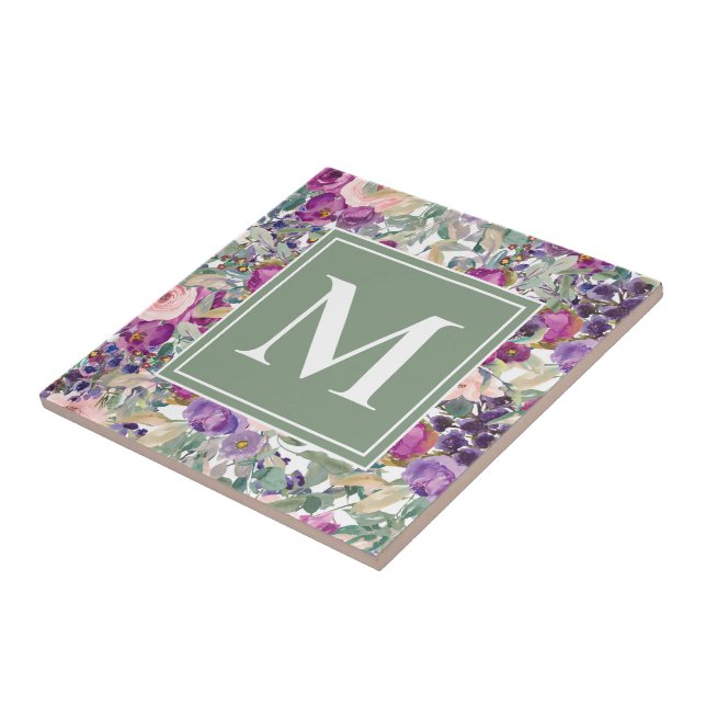 Purple Pink Sage Green Boho Flowers Monogram   Ceramic Tile (Side)