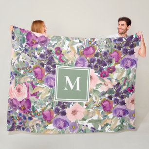 Purple Pink Sage Green Boho Flowers Monogram Fleece Blanket