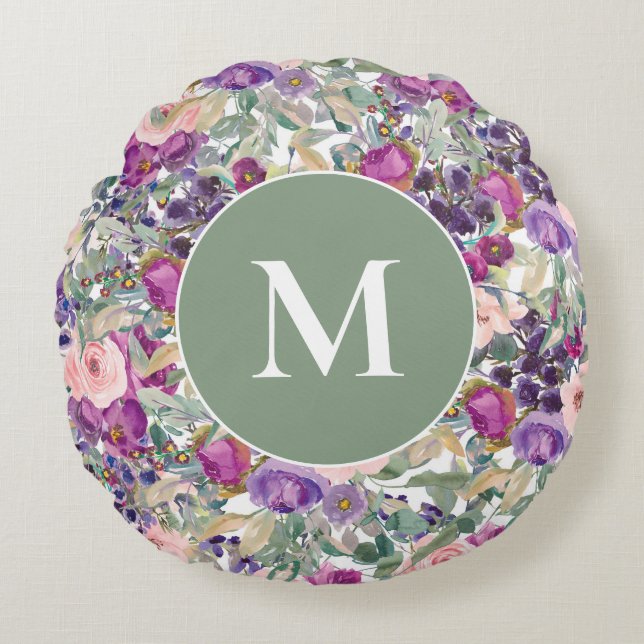 Purple Pink Sage Green Boho Flowers Round Cushion (Front)