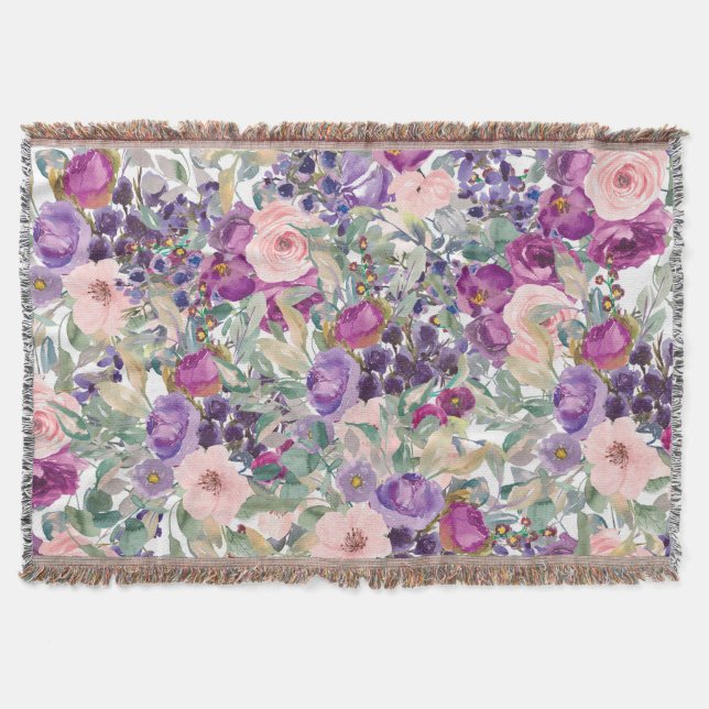 Purple Pink Sage Green Boho Flowers  Throw Blanket (Front)