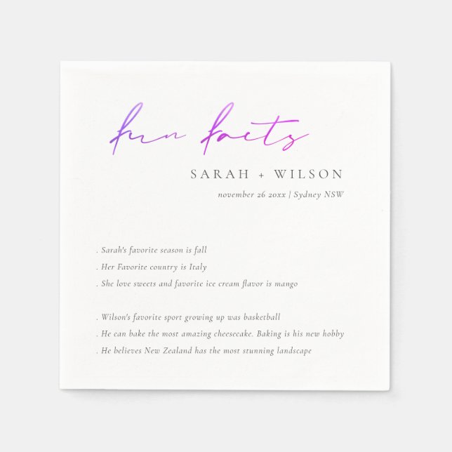 Purple Pink Script Black White Wedding Fun Facts Napkin (Front)