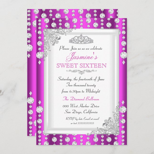 Purple Pink Silver Gem Tiara Sweet 16 Birthday Invitation (Front/Back)